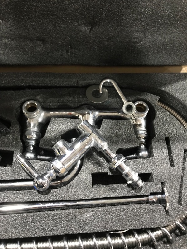 Photo 1 of MSTJRY Commercial Kitchen Faucet with Pull Down Sprayer 35”Height 8 Inch Center Pre Rinse Wall Mount Faucet with 12” Swivel Spout, Perfect for 3 Compartment Sink (Brass, 35 INCH)
