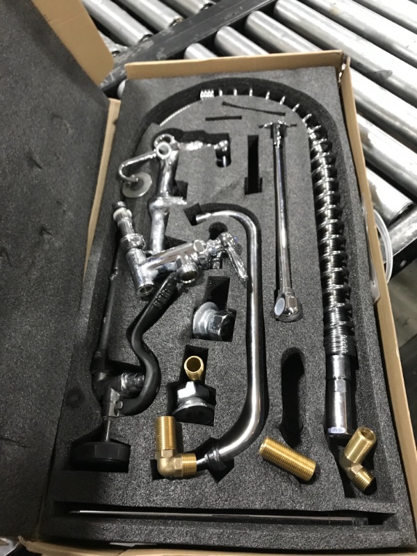 Photo 1 of MSTJRY Commercial Kitchen Faucet with Pull Down Sprayer 35”Height 8 Inch Center Pre Rinse Wall Mount Faucet with 12” Swivel Spout, Perfect for 3 Compartment Sink (Brass, 35 INCH)
