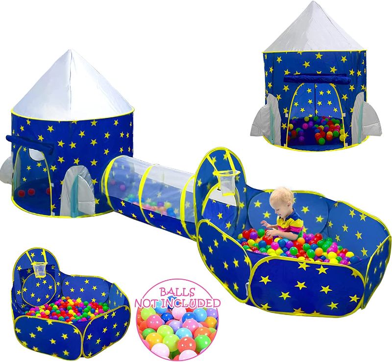 Photo 1 of 3pc Kids Play Tent for Boys with Ball Pit, Crawl Tunnel, Princess Tents for Toddlers, Baby Space World Playhouse Toys, Boys Indoor& Outdoor Play House, Perfect Kid’s Gifts BALLS NOT INCLUDED 