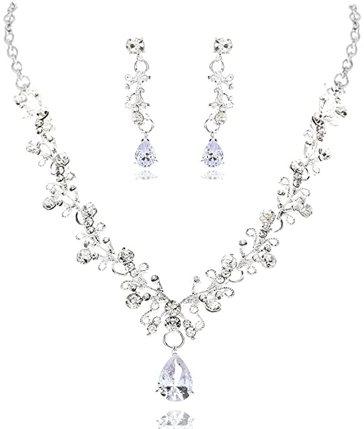 Photo 1 of Yean Bridal Necklace Earrings Jewelry Set Silver Crystal Pendant Bride Wedding Necklace Sets Rhinestone Jewelry Accessories for Women and Girls

