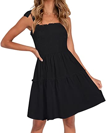 Photo 1 of ZESICA Women's 2023 Summer Spaghetti Strap Sleeveless Square Neck Ruffle A Line Swing Mini Dress Size M