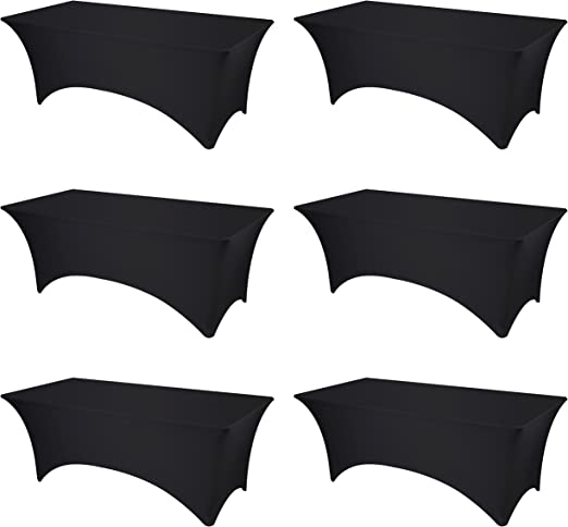 Photo 1 of 6 Pack Black Fitted Spandex Table Covers - 8Ft Stretch Tablecloths for 8 Foot Rectangle Folding Tables Rectangular Bulk Linen Fabric Elastic Table Clothes for Wedding Banquet Party Buffet Display
