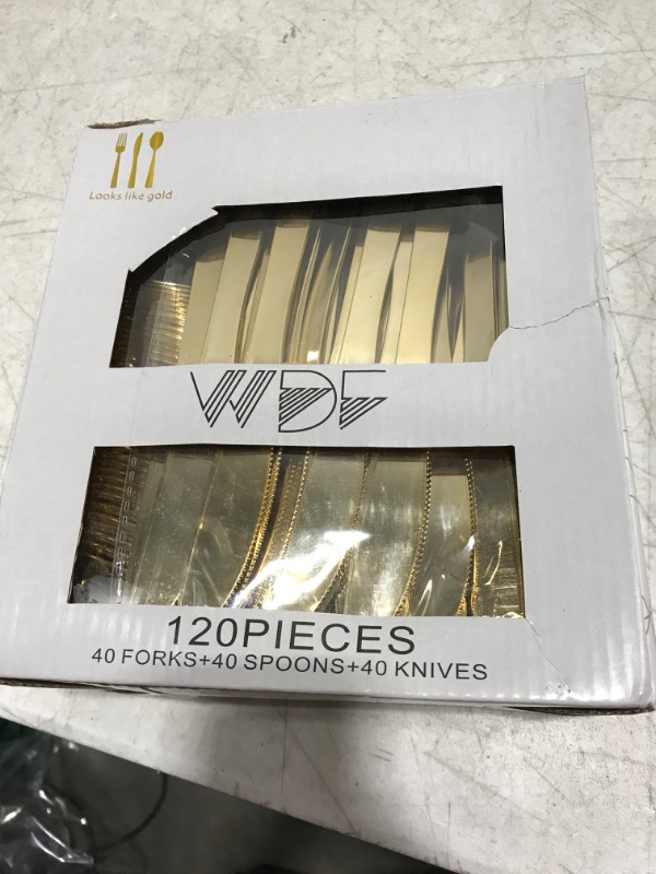 Photo 2 of 120 Pieces Gold Plastic Silverware - Disposable Flatware Set - Heavy Duty Plastic Cutlery - Thanksgiving Silverware Includes 40 Forks, 40 Spoons, 40 Knives -WDF Plastic Silverware