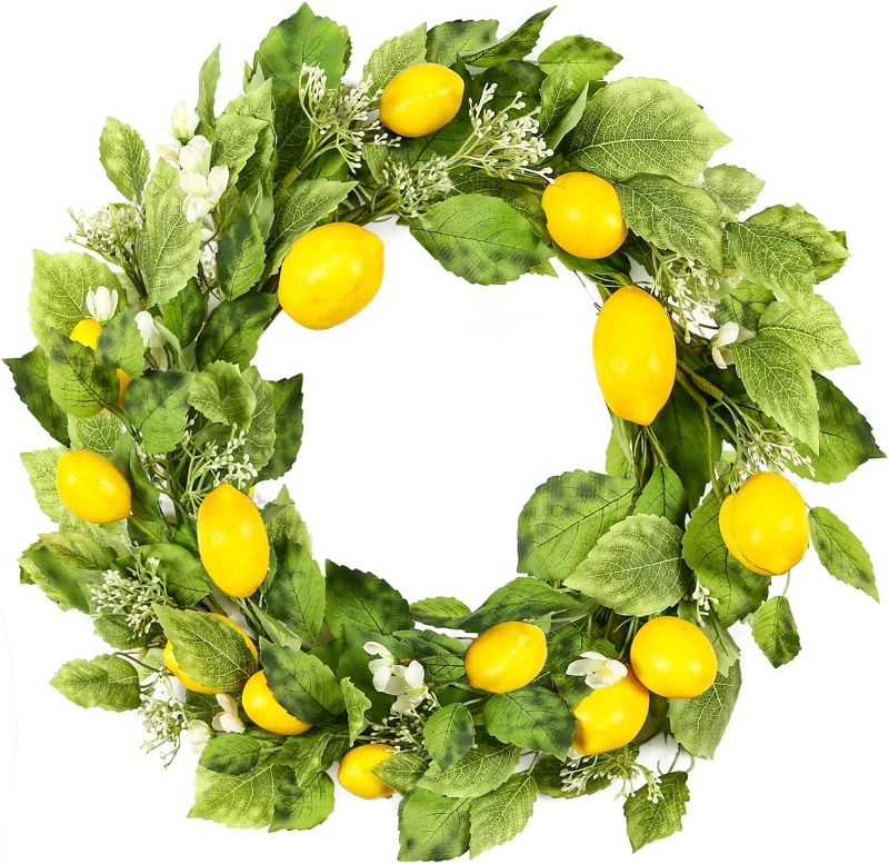 Photo 1 of YNYLCHMX 18" Spring Lemon Wreath with Lemons & Green Eucalyptus Leaves, Artificial Wreath Green Foliage Wreath for Wall Window Farmhouse Party Holiday Home Decor

