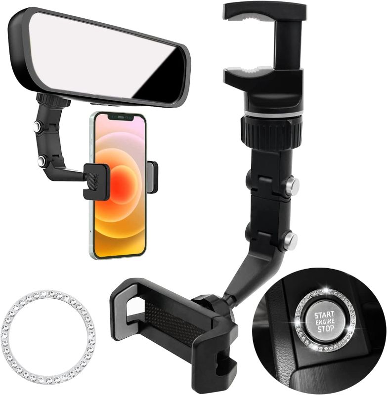 Photo 1 of Limited-time deal: 360° Rearview Mirror Phone Holder + 1 Rhinestone Engine Start Stop Decoration Ring, New 360 Degrees Universal Adjustable Multifunctional Rotating GPS and Car Mount Cradles for Cell Phone Automobile 