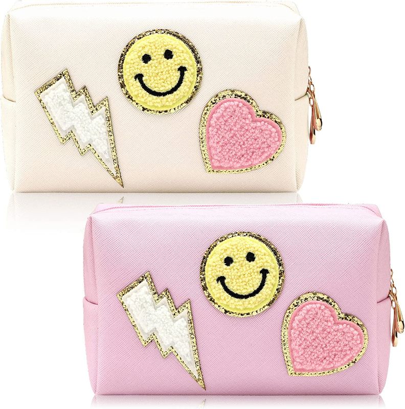 Photo 1 of 2 Pieces Preppy Patch Makeup Bag Small Smile Heart Preppy Cosmetic Bag PU Leather Portable Waterproof Toiletry Organizer Bag Preppy Pouch for Women Girls Gift (Pink, Golden Shell, Heart, Smile) 