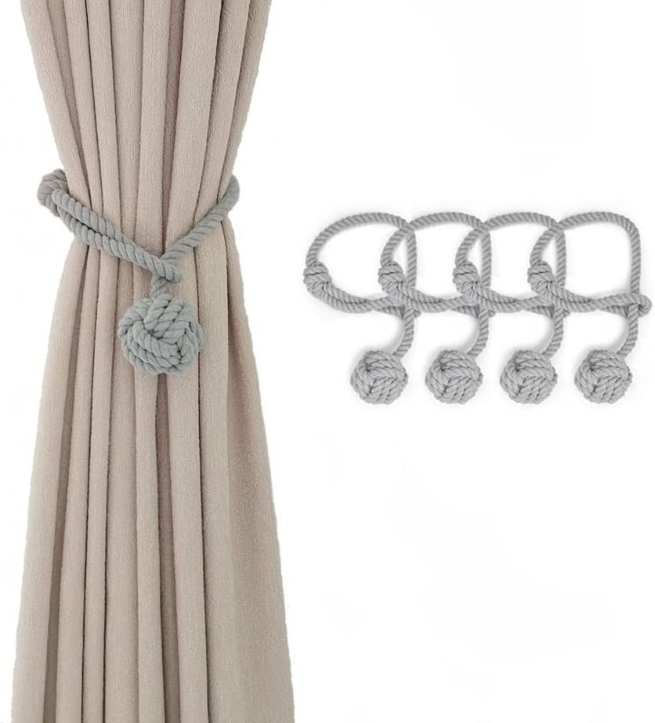 Photo 1 of 4 Pack Curtain Tiebacks Handmade Natural Cotton Rope Holdbacks for Window Draperies, Thin and Thick, Home & Office & Outdoor Decorative Buckle Holder (Grey)