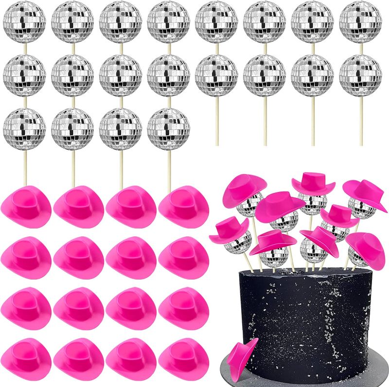 Photo 1 of 40 PCS Disco Ball Cake Decorations 20 PCS Disco Ball Cupcake Toppers 20 PCS Pink Cowboy Hat Cake Toppers Disco Theme Cake Picks Mini Western Cowgirl Hat Cake Toppers for Disco 1970s Theme Party Favor 