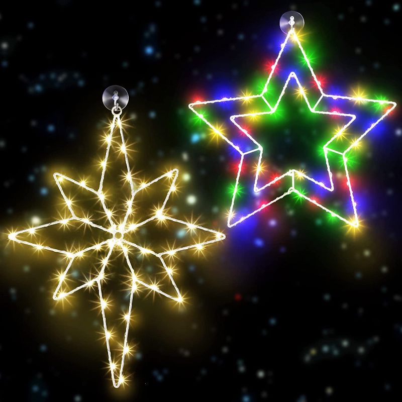 Photo 1 of 2 PCS Christmas Window Silhouette Lights Decorations, 8 Modes Large Christmas Window Lights and LED Star Window Light with Remote Control and USB Powered for Indoor Xmas Party (Star and Bethlehem) 