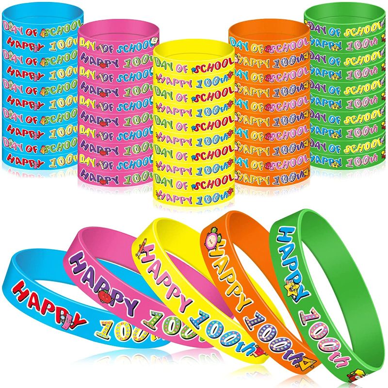 Photo 1 of 200 Pieces 100 Days of School Silicone Bracelets Colorful 100th Day of School Bracelets Colorful Silicone Wristbands Happy 100th Day of School Rubber Bracelets for Kids Children Gift
