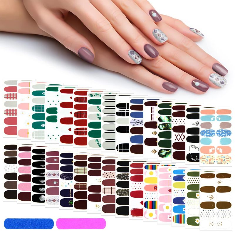 Photo 1 of 420 Pieces 30 Sheets Nail Polish Strips with Nail File Full Nail Wraps Self Adhesive Nail Stickers Geometry Solid Color Nail Strips for Women Girl 