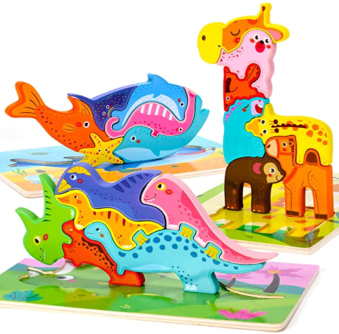 Photo 1 of Atoylink Toddler Puzzles Set 3 Pack Animal Dinosaur Chunky Wooden Puzzles Preschool Learning Activities Kids Educational Toys for 1 2 3 Year Old Baby Boys Girls
