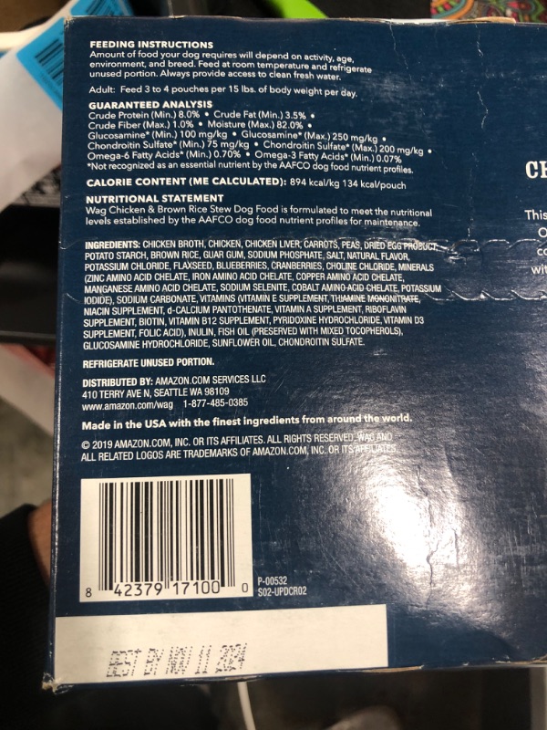 Photo 2 of 12 Pack - New Wag Wet Dog Food Topper Chicken & Brown Rice Stew in Chicken Broth
expires 11/11/2024
