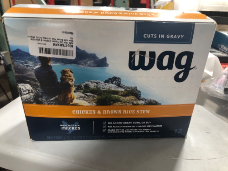 Photo 3 of 12 Pack - New Wag Wet Dog Food Topper Chicken & Brown Rice Stew in Chicken Broth
expires 11/11/2024
