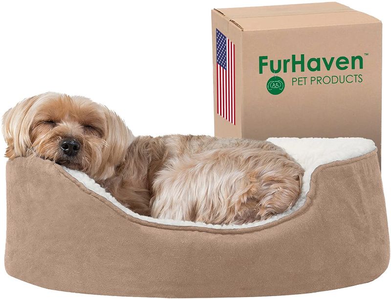 Photo 1 of Furhaven Small Orthopedic Dog Bed Sherpa & Suede Oval Lounger w/ Removable Washable Cover - Clay, Small