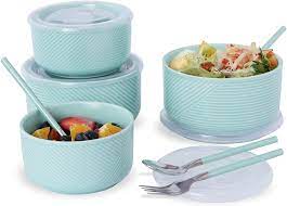 Photo 1 of Adewnest Ceramic Bowls with Lids: 5 + 6 in Porcelain Bowls Set with Spoons & Forks - Food Storage Containers for Lunch/Picnic - Microwave Oven Safe Bowl - Large & Small Serving Bowl Set of 4
