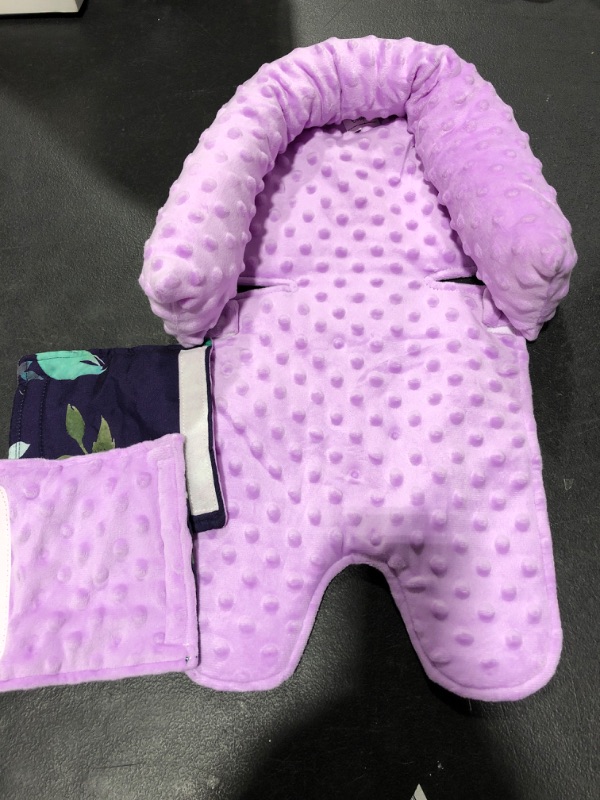 Photo 2 of Baby Car Seat Head Support & Strap Covers, Soft Cotton Car Seat Insert, for Stroller, Bouncer, Swing, Purple Floral