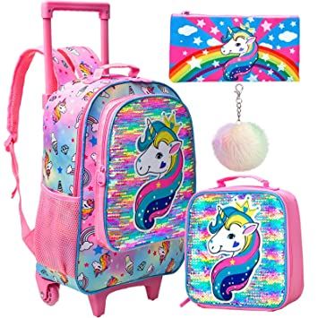 Photo 1 of 3PCS Rolling Backpack for Girls, Kids Roller Wheels Bookbag, Wheeled School Bag with Lunch Bag - Unicorn
