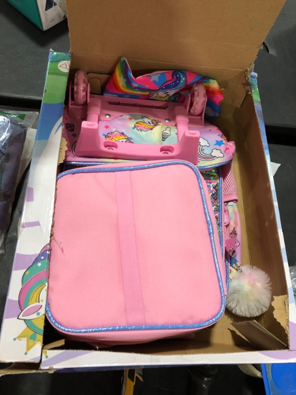 Photo 2 of 3PCS Rolling Backpack for Girls, Kids Roller Wheels Bookbag, Wheeled School Bag with Lunch Bag - Unicorn
