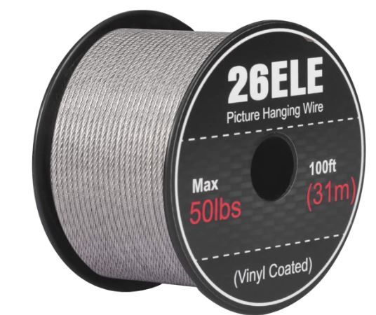 Photo 1 of 26ELE Picture Hanging Wire 50lb, Heavy Duty Stainless Steel Wire Rope for Hanging Picture Frame Mirror and Wall Art, Strong Metal Wire 100Feet with 20PCS Aluminum Crimping Sleeves
