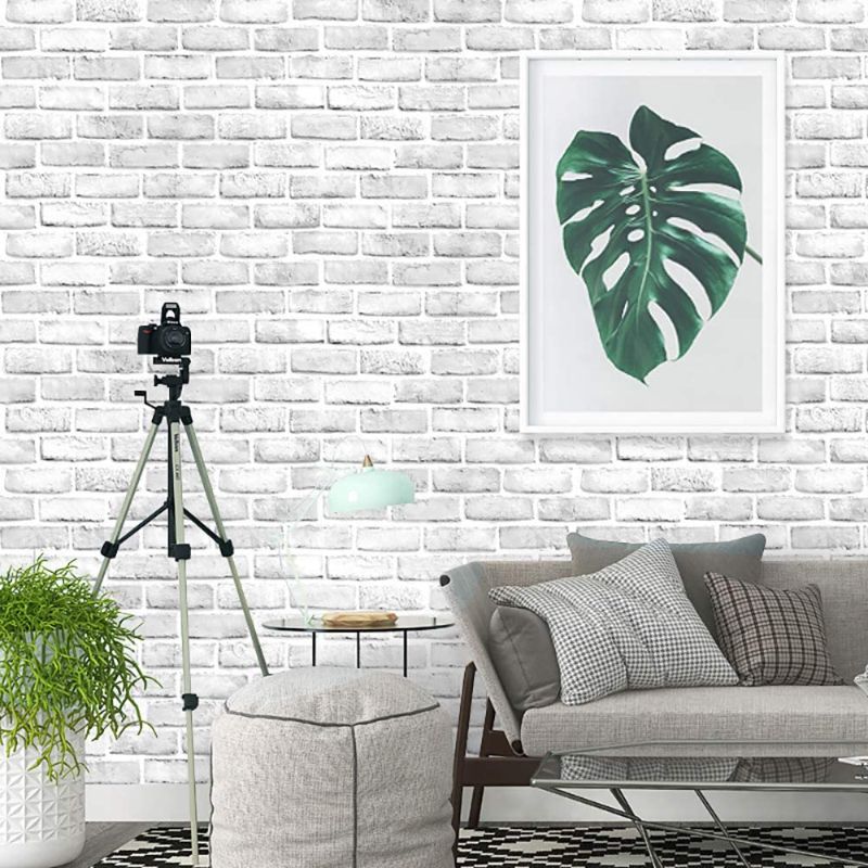 Photo 1 of 197”×18” 3D Brick Wallpaper Peel and Stick Wallpaper White Gray Brick Wallpaper Self Adhesive Grey Brick Removable Wallpaper Textured Brick Wallpaper Stick and Peel for Fireplace Wall Vinyl
