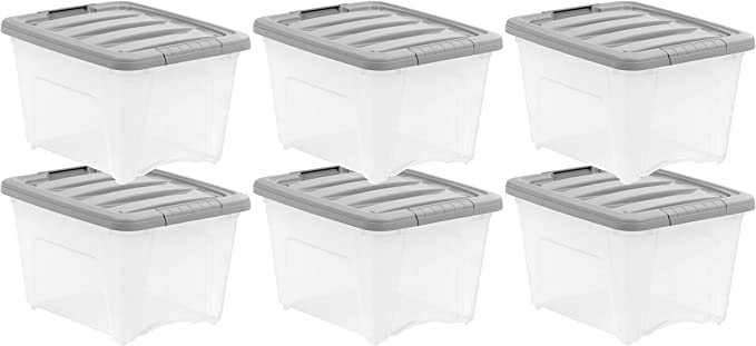 Photo 1 of Amazon Basics 19 Quart Stackable Plastic Storage Bins with Latching Lids- Clear/ Grey- Pack of 5
