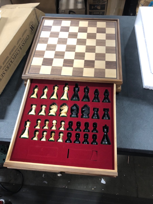 Photo 2 of A&A 15 inch Walnut Wooden Chess Sets w/ Storage Drawer / Triple Weighted Chess Pieces - 3.0 inch King Height/ Walnut Box w/Walnut & Maple Inlay / 2 Extra Queen / Classic 2 in 1 Board Games/ Chess Only Triple Weighted Pieces w/ Walnut Box