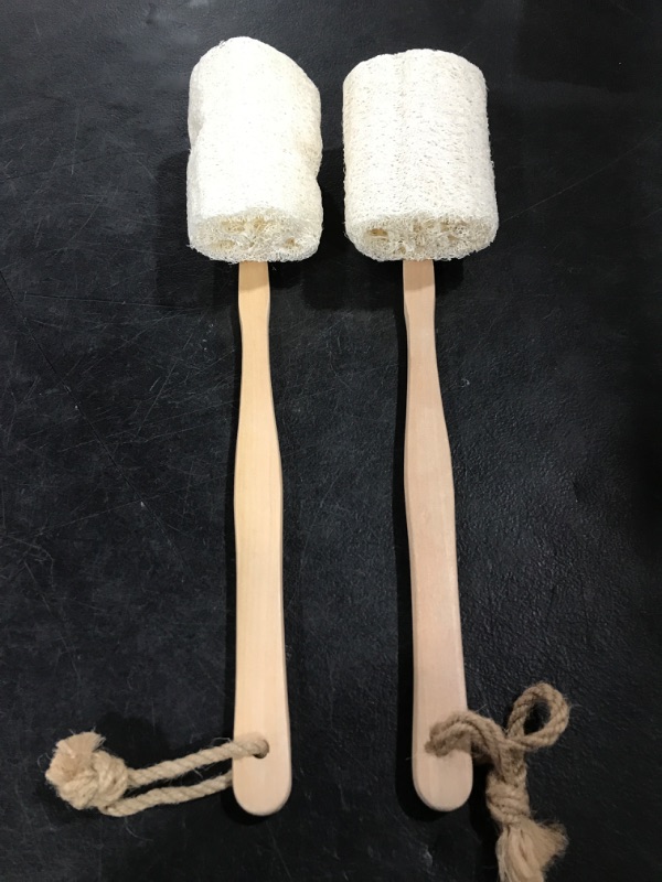 Photo 2 of 2 Pack Natural Exfoliating Loofah luffa loofa Bath Brush On a Stick - with Long Wooden Handle Back Brush for Men & Women - Shower Sponge Body Back Scrubber
