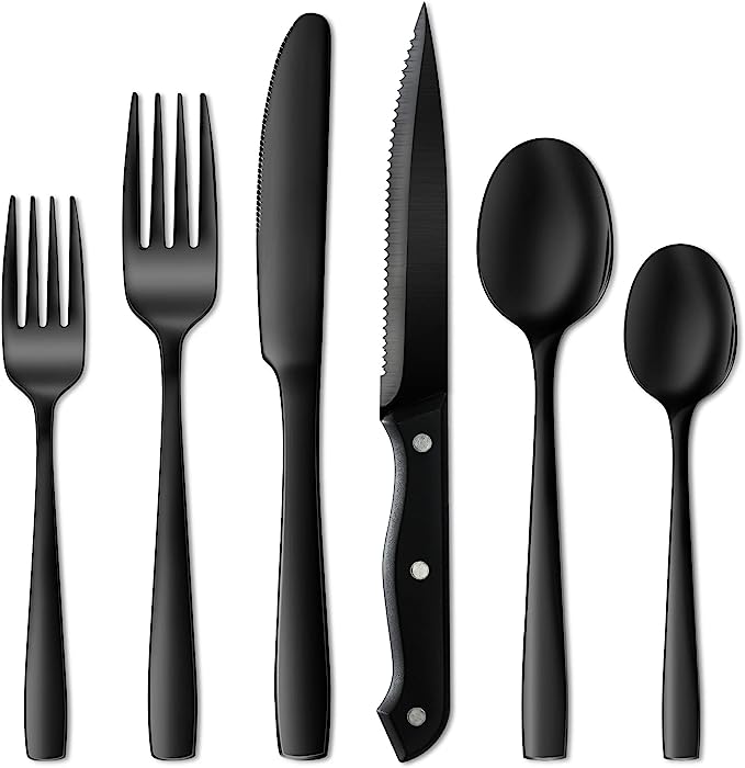 Photo 1 of  24 Pieces Black Silverware Set, Black Flatware Set, Food-Grade Stainless Steel Cutlery Set for 4, Tableware Eating Utensils, Mirror Finished, Dishwasher Safe