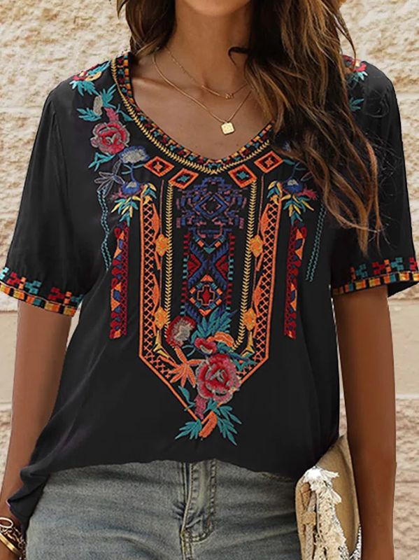 Photo 1 of AK Women's Summer Boho V Neck Embroidery Mexican Bohemian Tops Shirt Tunic Blouses SIZE L