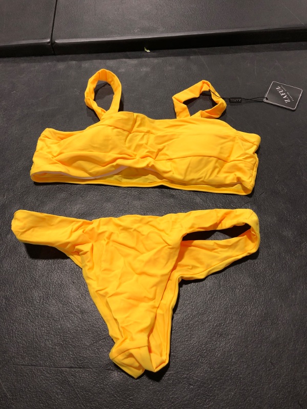 Photo 2 of ZAFUL Wide Straps Neon Bandeau Bikini Sets for Women Padded High Cut Two Pieces Bathing Suits Cheeky Swimsuits A-yellow Large