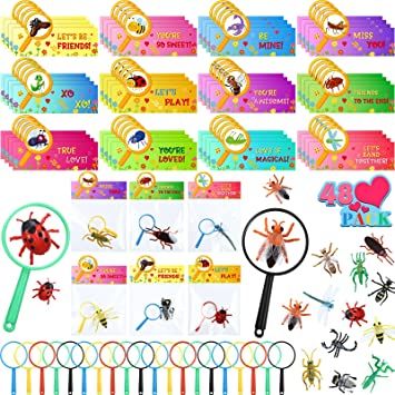 Photo 1 of 48 Sets Valentines Day Cards Love Bugs Insect Figures Toys Mini Magnifying Glasses Valentines Greeting Cards for Boys Girls School Classroom Exchange Gifts Valentines Party Favors Funny 
