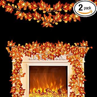 Photo 1 of 2 Pack Christmas Garland with Lights Total 40ft 80LED Christmas Pumpkin Lights Fall Decor Maple Leaves Lighted Garland Home Decorations Waterproof Battery Operated with Remote for Indoor Outdoor 