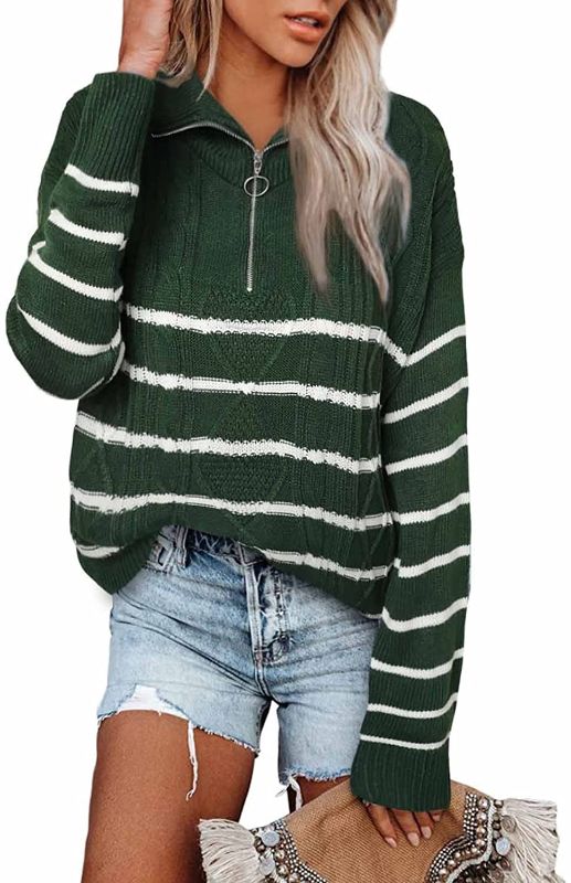 Photo 1 of Asvivid Women's Long Sleeve 1/4 Zipper Lapel Collar Cable Knit Pullover Sweater Striped V Neck Loose Casual Jumper Tops 2XL