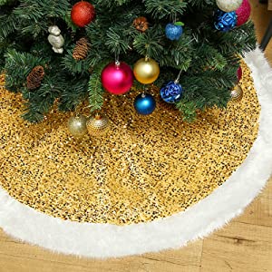 Photo 1 of 48 Inch Christmas Tree Plush Skirt Decoration, Sequin Faux Fur Winter Large Christmas Tree Mat Blanket, Xmas Plush Tree Skirt for Holiday Party Christmas Tree Decor 