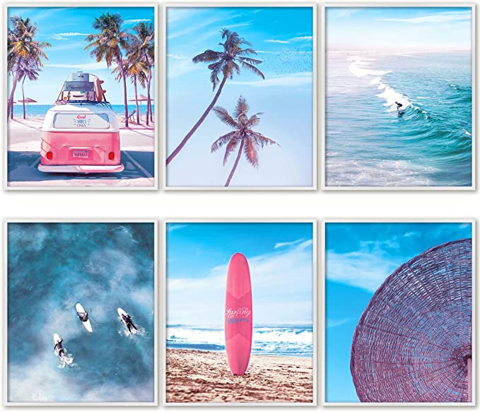 Photo 1 of Aesthetic California Beach Ocean Surf Posters for Home - 8x10 Inches UNFRAMED Set of 6 Wall Art – Pink Retro Watercolor Prints Pictures Decor Decorations Gifts for Living Room, Home Decorations by PRINT'N'ART **FRAMES ONLY**