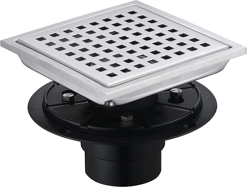 Photo 1 of 6 Inch Square Shower Drain with Flange, 15cm Matt Black Bathroom Floor Drain, Quadrato Pattern Grate Removable Cover, Bath Drain, Wall Drain, Stainless Steel Drain (Silver)