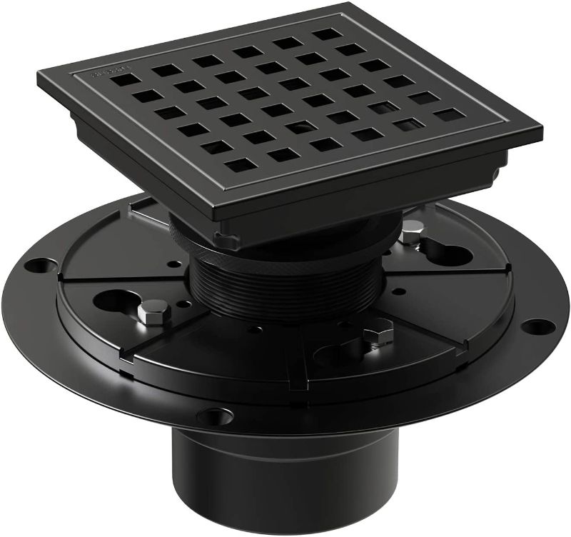 Photo 1 of 4 Inch Square Shower Floor Drain With Flange,Quadrato Pattern Grate Removable,Food-grade SUS 304 Stainless Steel,WATERMARK&CUPC Certified,Matte Black