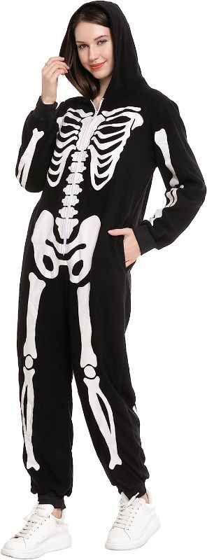 Photo 1 of  Unisex Skeleton Onesie Pajama Plush Skeleton Jumpsuit Zippered Halloween Hoody Pajama for Adult Sleepwear Costume(Small) Black