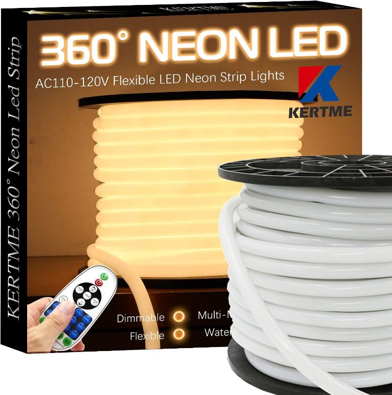 Photo 1 of KERTME 360° Neon Led Type AC 110-120V 360 Degree NEON LED Light Strip, Flexible/Waterproof/Dimmable/Multi-Modes LED Rope Light + Remote for Home/Garden/Building Decor (16.4ft/5m, Warm White 3500K) 