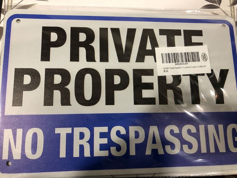 Photo 2 of AJHERO Private Property No Trespassing Sign Metal 8"x12" Rust Free Aluminum,Indoor & Outdoor Use (Blue)-02
