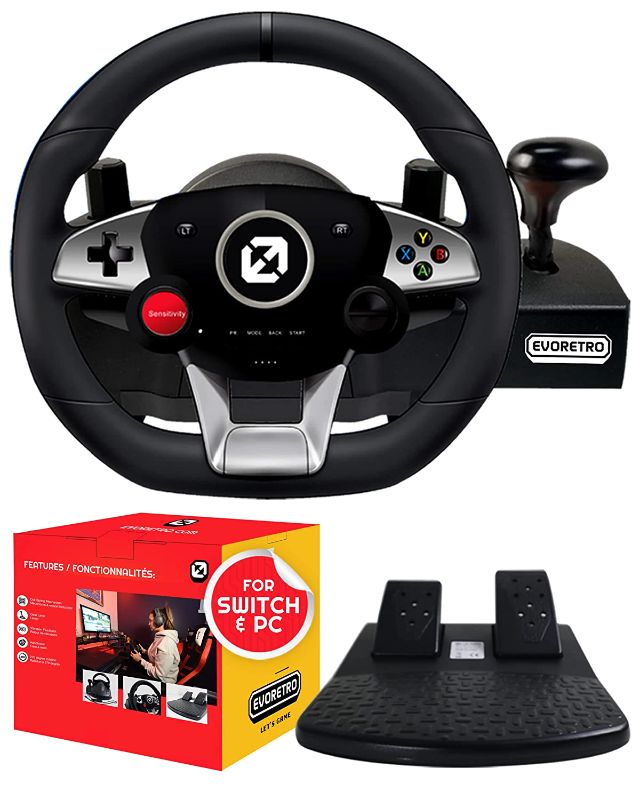 Photo 1 of EVORETRO FURY GT-EV3 Steering Wheel for PC, Racing Wheel, Pedals, Paddle & Stick Shifter, Compatible with Nintendo Switch Games - Mario Kart 8 & More! High Vibration Feedback, Adjustable Desk Clamp
