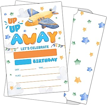 Photo 1 of Birthday Party Invitation Cards for Kids, Teens Party Invites Cards, Airplane Party Celebration, Birthday Party Supplies, 20 Fill-in Invitation Cards With Envelopes Set -SR A007
