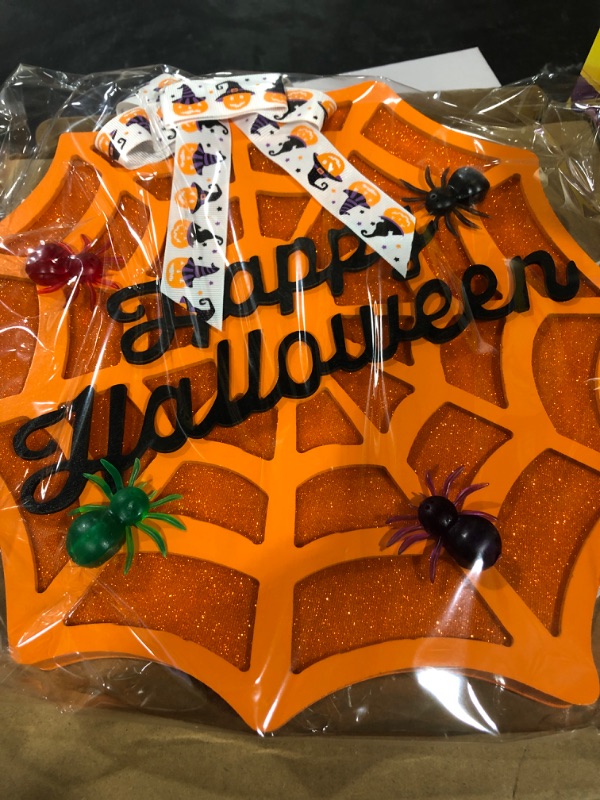 Photo 2 of [Lighted & Timer] Prelit Happy Halloween Wreath Spider Web Sign for Front Door Decorations Orange Lights Battery Operated Wood Hanging with 3D Spiders Halloween Decor Outdoor Indoor Home Porch