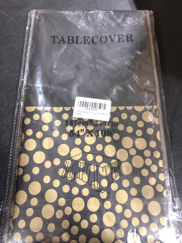 Photo 2 of 5 Pcs Disposable Plastic Tablecloth 54 x 108 Inch Waterproof Rectangle PVC Tablecloth Table Cover for Party Birthday Wedding Event Christmas Banquet (Black/Gold Polka Dot, 54 x 108 Inch) 54 x 108 Inch Black/Gold Polka Dot