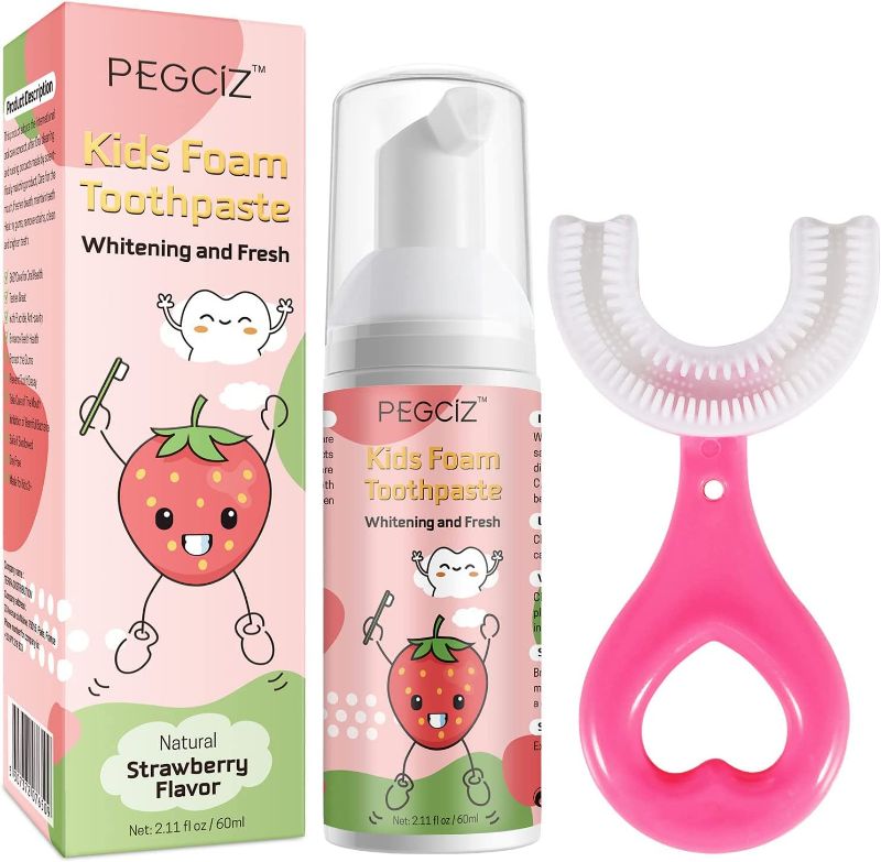 Photo 1 of exp : 05/18/2025Foam Toothpaste Kids with Low Fluoride & U-Shaped Toothbrush Combo Pack,Manual Toothbrush with Food Grade Soft Silicone Head,360° Oral Teeth Clean Design Ages 2-6,Strawberry Flavor
