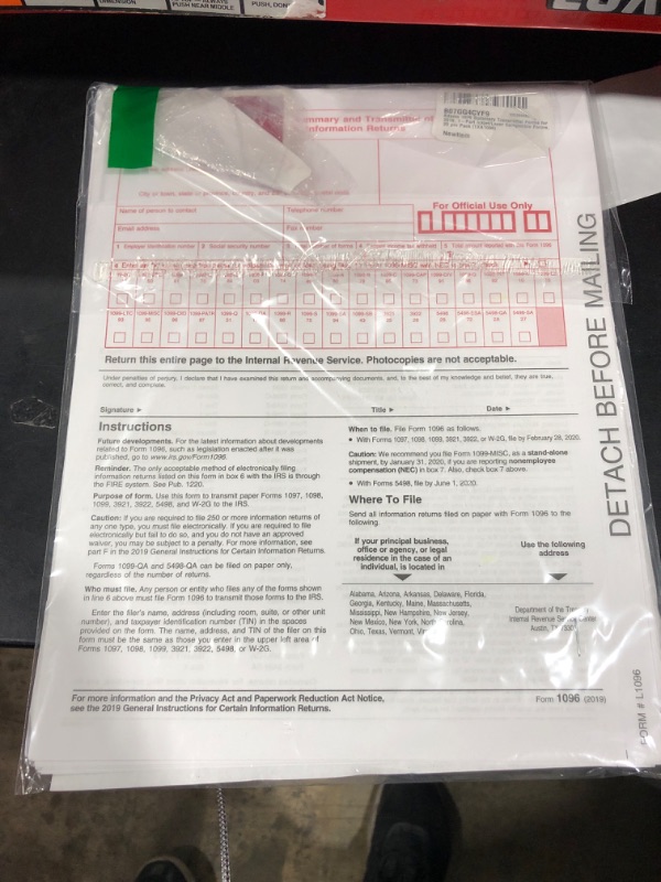 Photo 2 of Adams 1096 Forms 2019, Transmittal Forms, 1 Part Inkjet/Laser Forms, 20 per Pack (TXA1096)