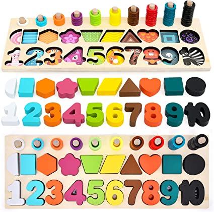 Photo 1 of Atoylink Wooden Number Puzzles for Toddlers Montessori Toys Color Shape Sorter Counting Game Preschool Learning Activities Educational Toys for 2 3 4 Year Old Kids Boys Girls Gifts