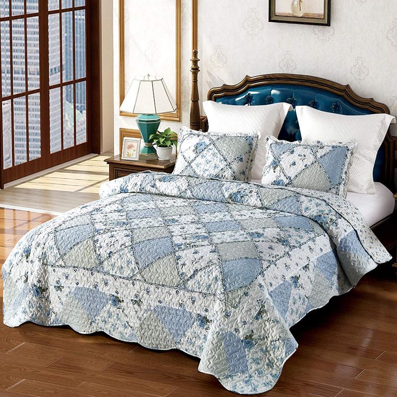 Photo 1 of 
Blue Patchwork Quilt Set Full Queen Size Reversible Quilted Bedspread Coverlet 3-Piece Floral Lightweight Comforter Stitched Bedding Set Bed Sheet Cover...