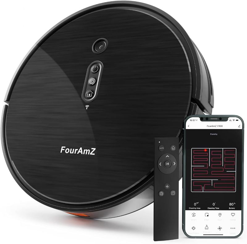 Photo 1 of FourAmZ Robot Vacuum Cleaner, 3000Pa Suction Camera Mapping AI Smart Navigation Robotic Vacuum Cleaner, Carpet Boost, Compatible with Alexa, Ideal for Pet Hair, App Controls, WiFi, Self-Charging V100
